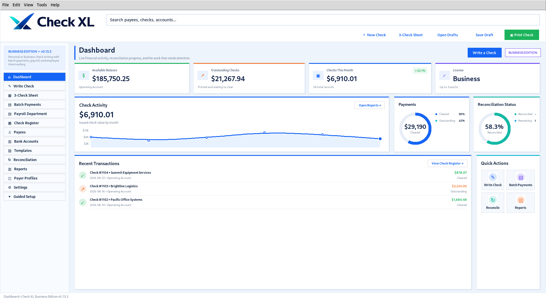 Check XL check-writing interface