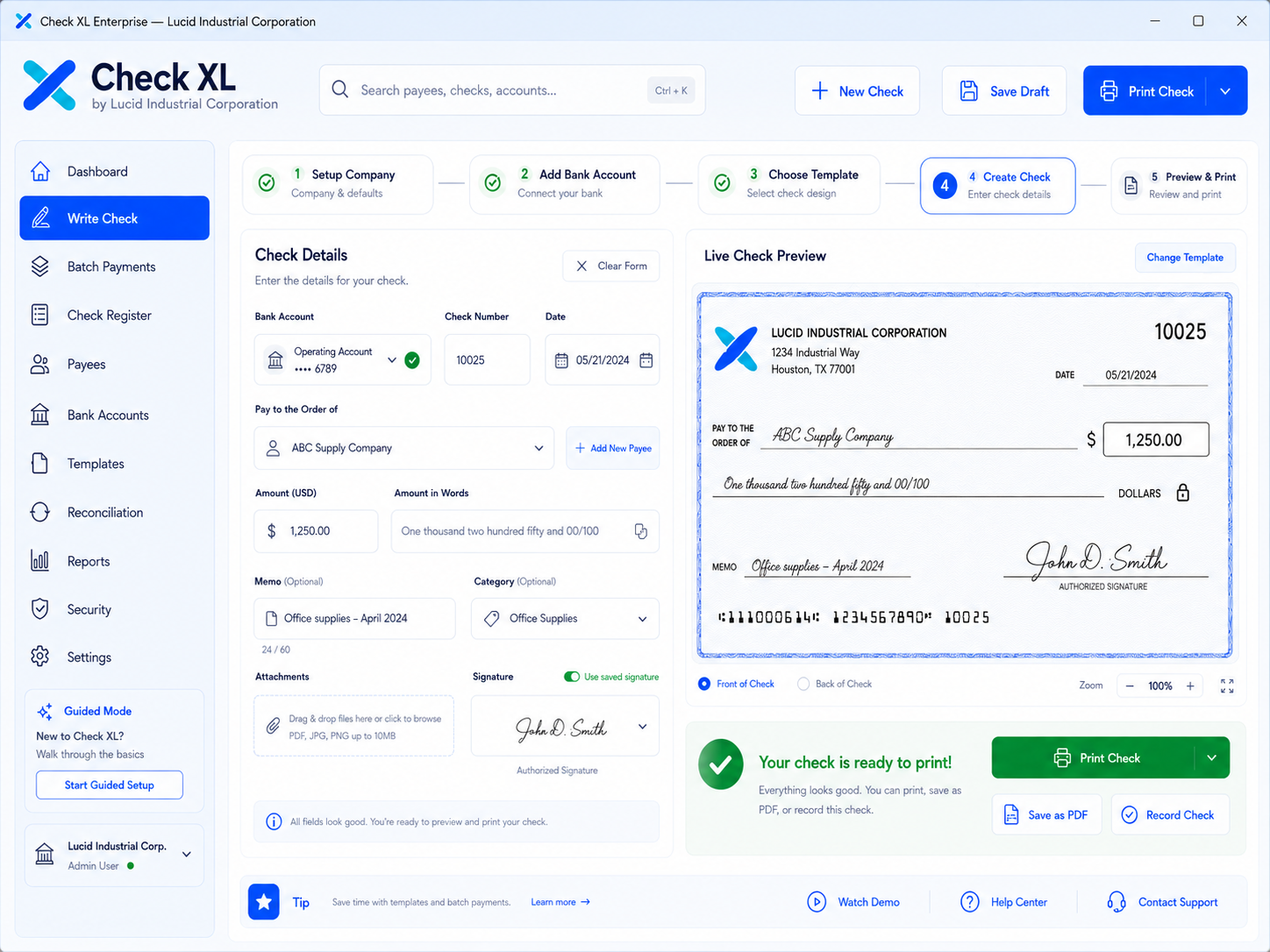 Check XL check-writing interface