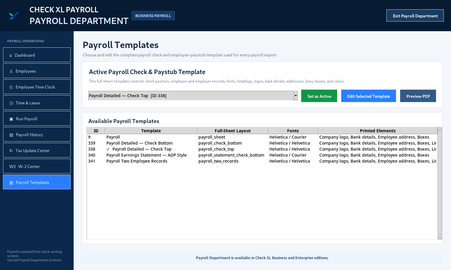 Payroll Templates workspace