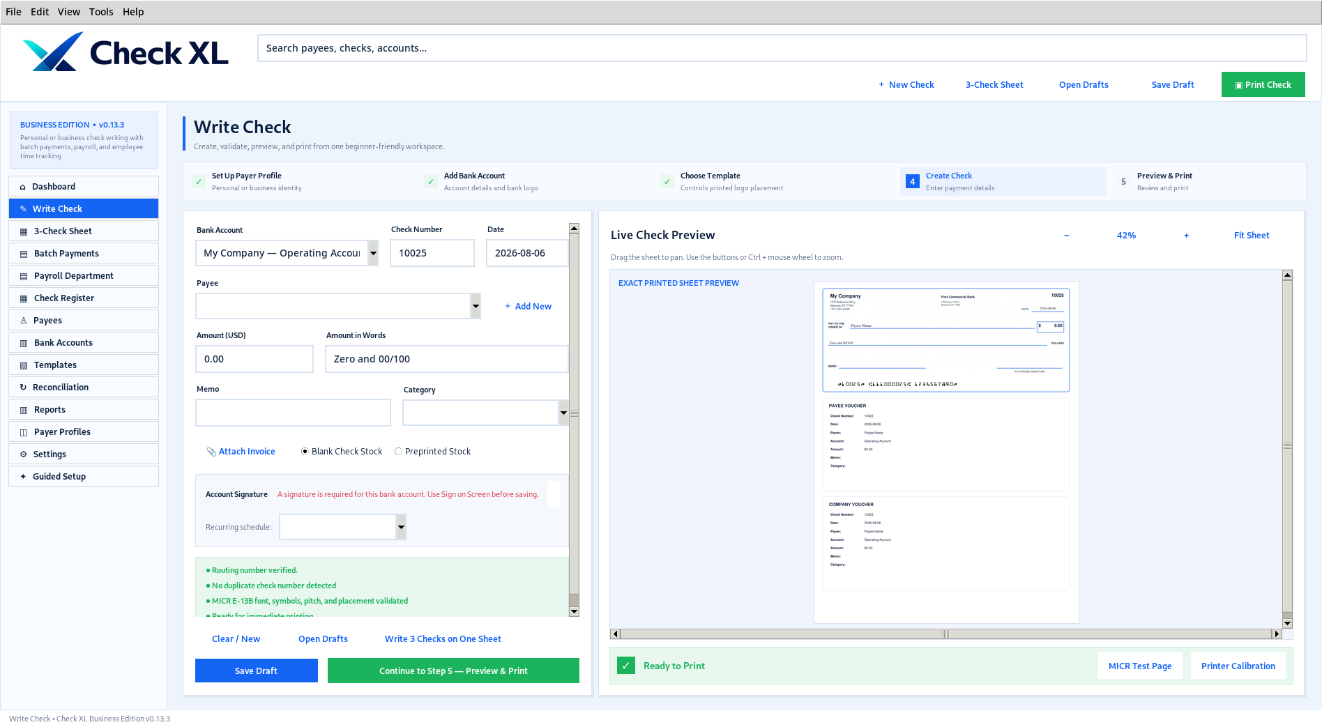 Check XL check-writing interface